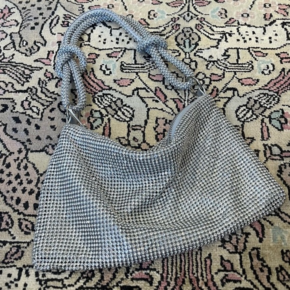 Silver Rhinestone Mini Knot Slouch Shoulder Bag - Picture 3 of 4